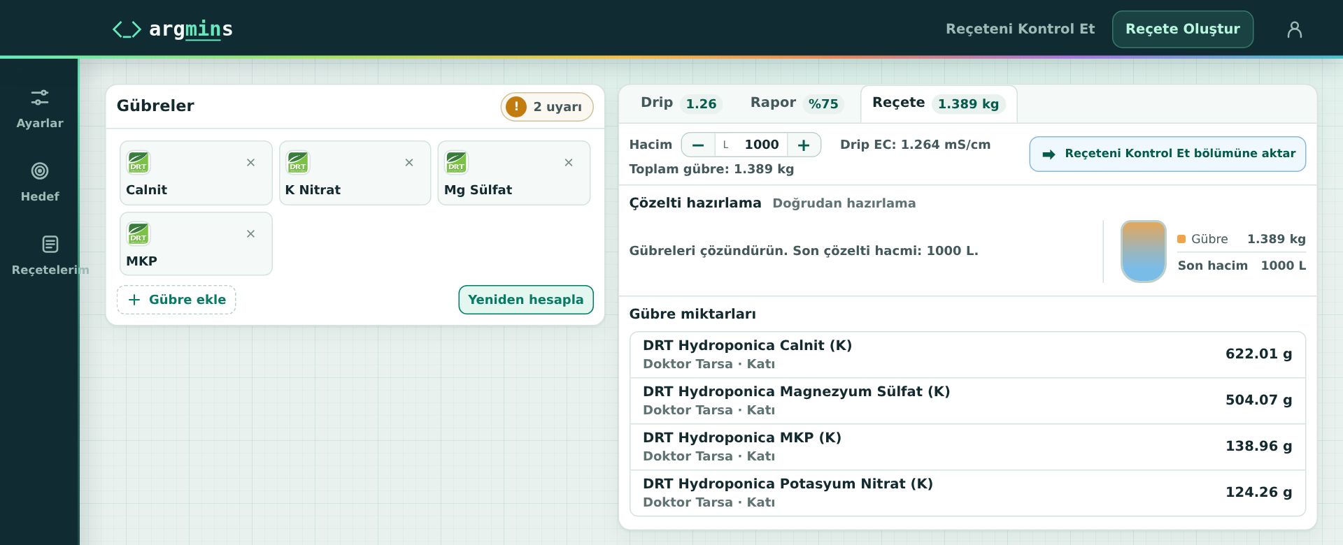Reçete Oluştur ekranı: seçili dört gübre ve 1000 litre için hesaplanan gübre miktarları; Rapor sekmesinde %75.